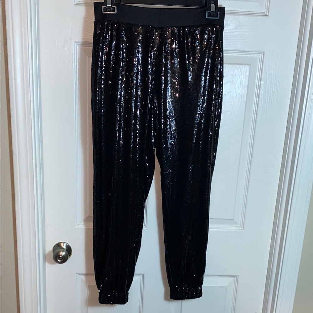 White House Black Market Black Shimmer Sequin Joggers Size Small